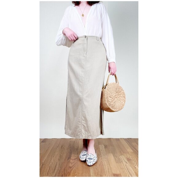Vintage Linen High or Low Rise Maxi Skirt Straight Column Fit 90s Y2K Euro Girl - Picture 10 of 10